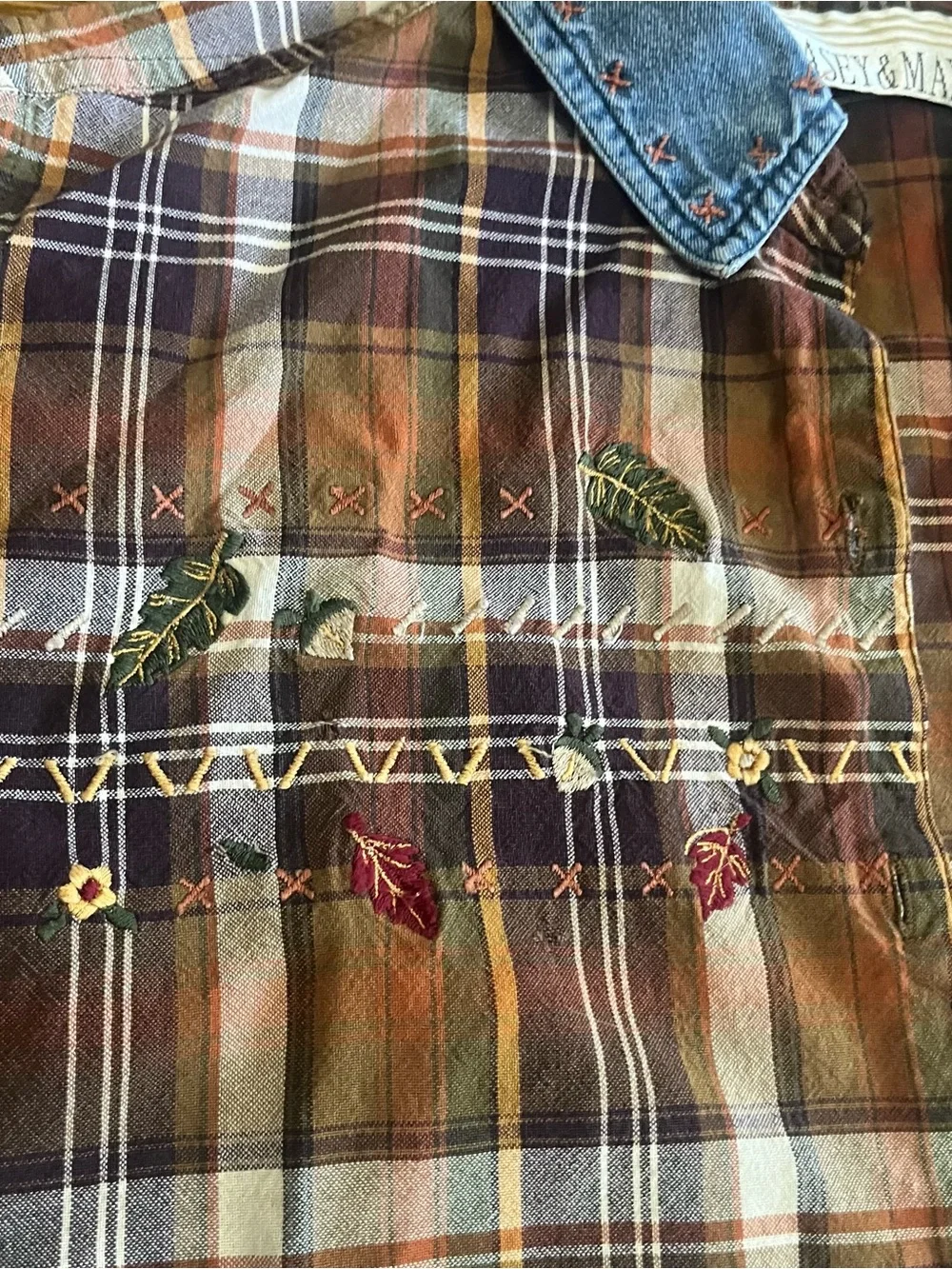 Y2k plaid denim button up shirt Fall western embroidered M S country